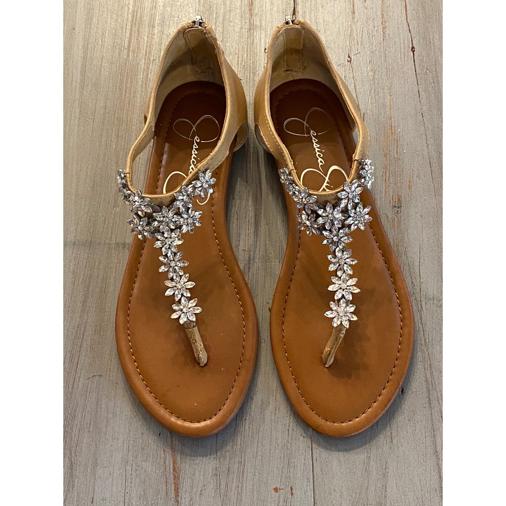 Jessica Simpson Women Tan Gold Crystal Flower Embellished Thong Sandals Size 8M